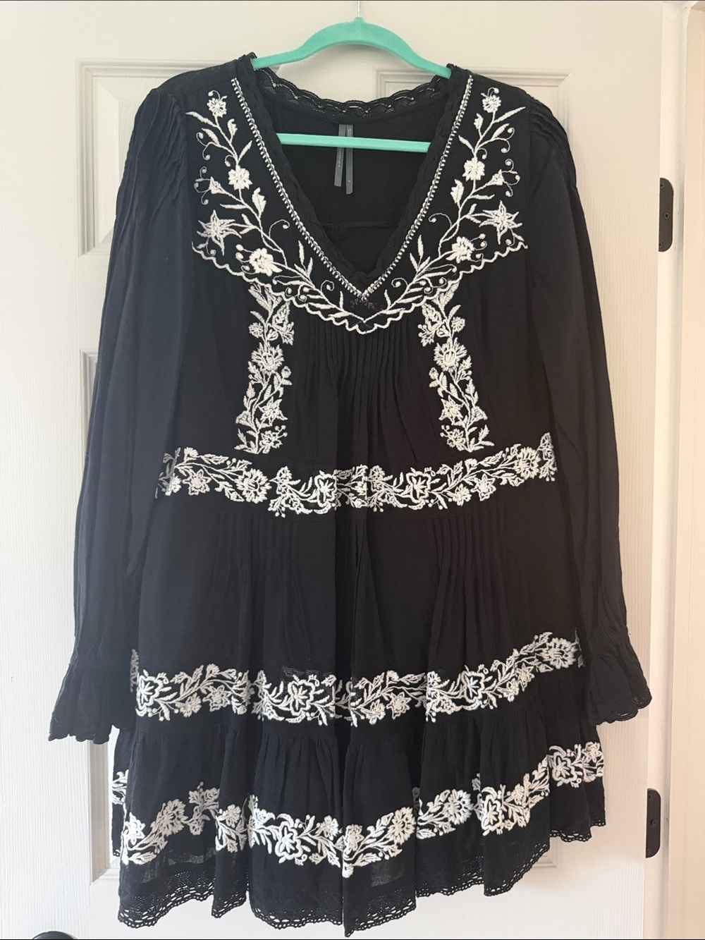 Anthropologie Black Mini Dress with White Floral Embroidery